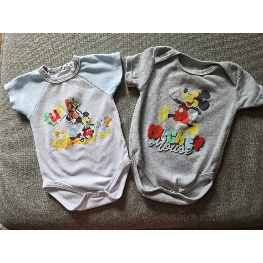 Disney Baby Mickey Mouse Friends Bodysuit Set 2pk Gray White Blue 6M Romper